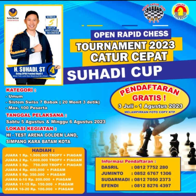 Turnamen catur SUHADI CUP kota Batam Segera di Buka dgn di ikuti Ratusan peserta