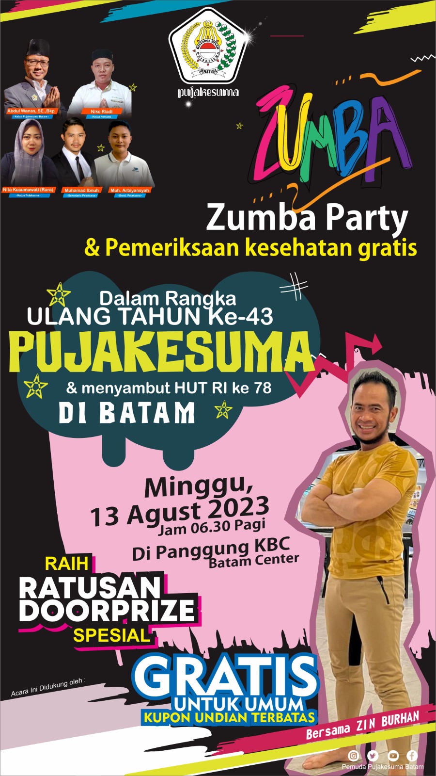 Perayaan Gebyar Doorprize Pemuda Pujakesuma: Meriahkan Ultah ke-43 dan HUT RI ke-78 dengan Zumba Party Seru di Batam!